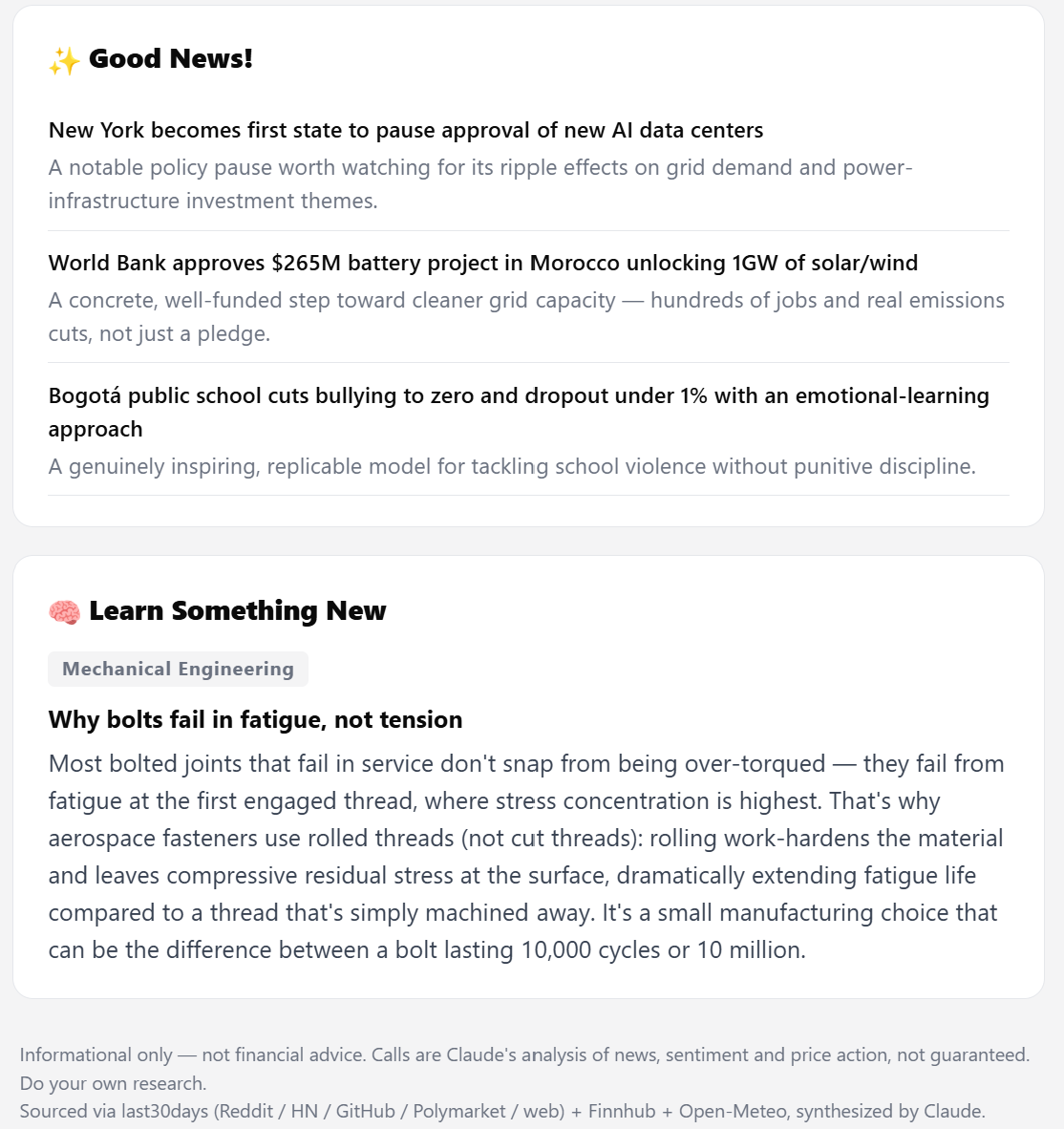 Savory Briefing email — Good News section and a Learn Something New fact