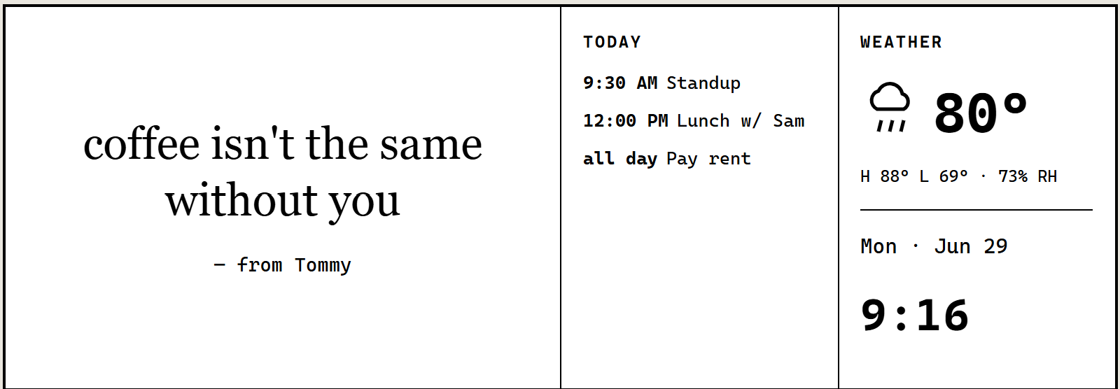 The e-ink display layout rendered in the simulator — a note beside the day's calendar agenda and local weather