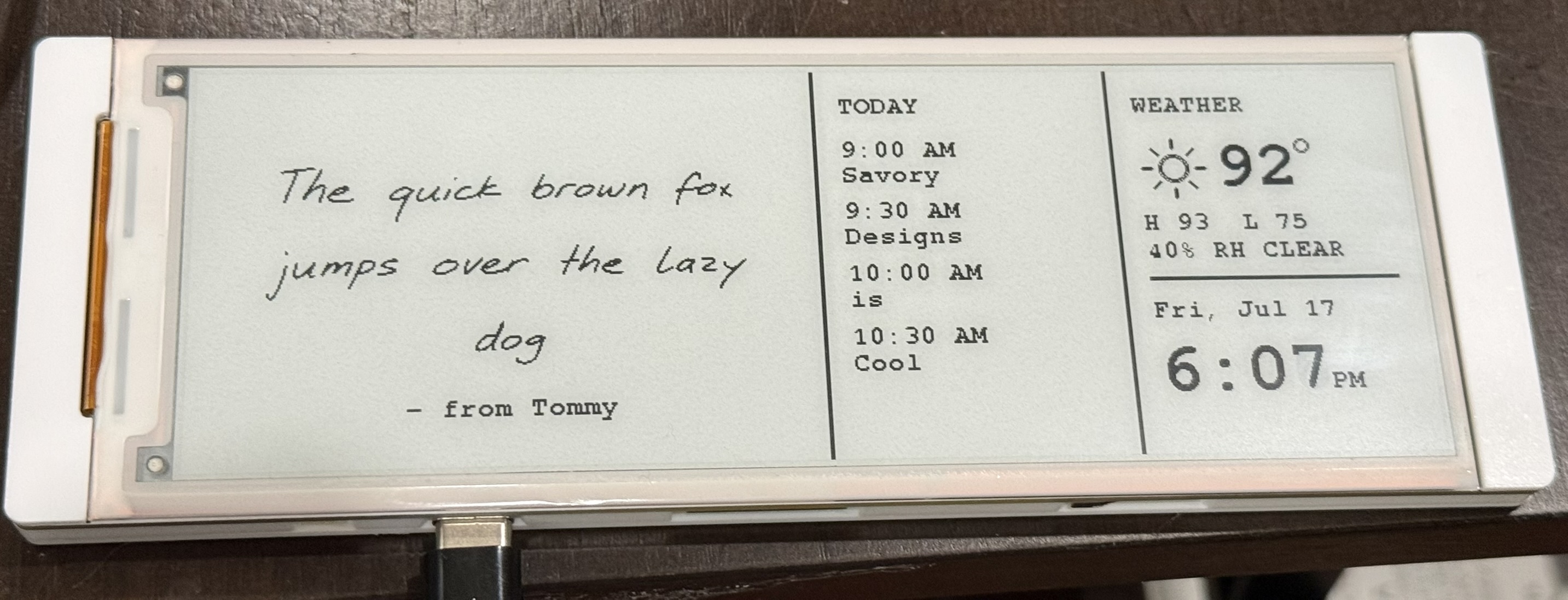 The assembled e-ink love note running — a handwritten note, the day's calendar agenda, weather, and time on the e-paper panel